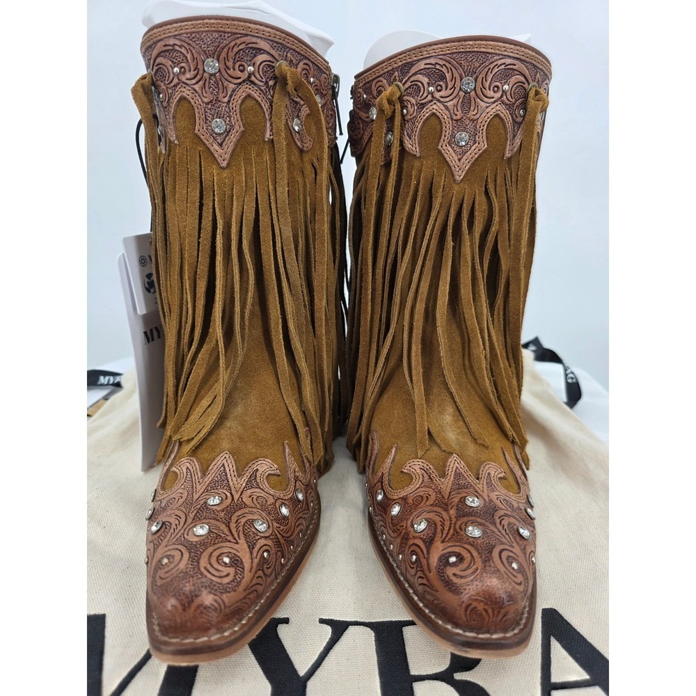 Myra Goldrush Suede Fringe Western Boots Tooled Leather Rhinestone Size 10 NWT - Picture 7 of 9